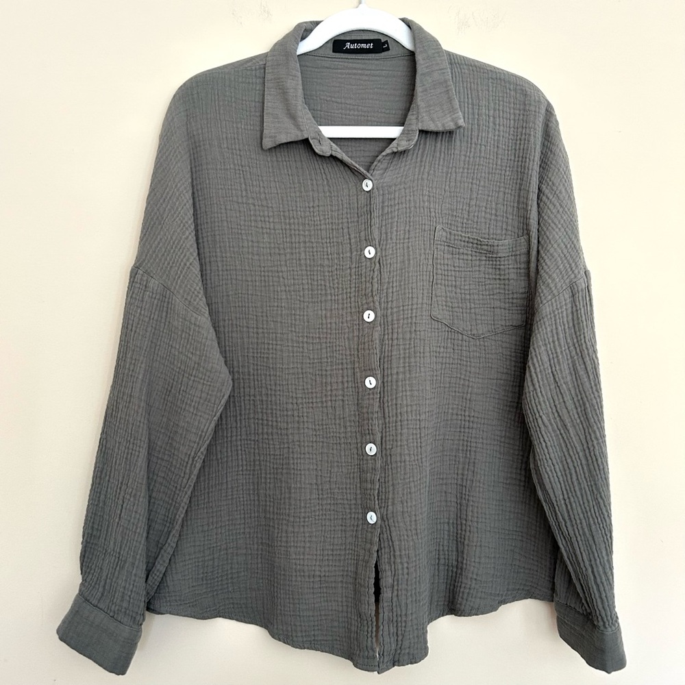 Automet Women’s Relaxed Green Waffled Button Down Gauze Shirt